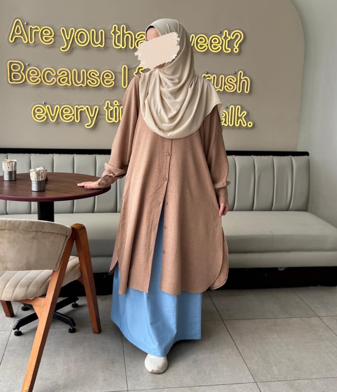 Linen Long Shirt with Denim skirt