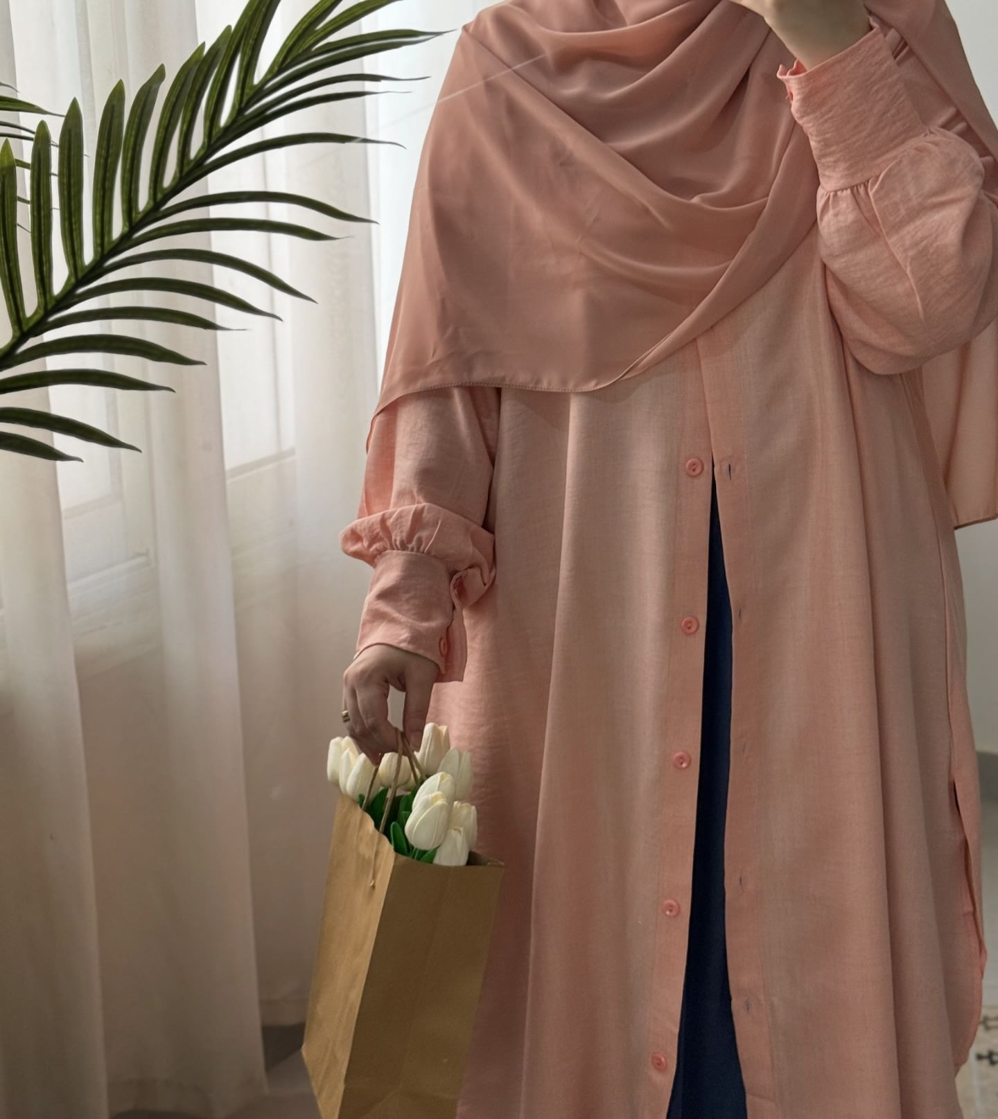Linen Long Shirt with Denim skirt