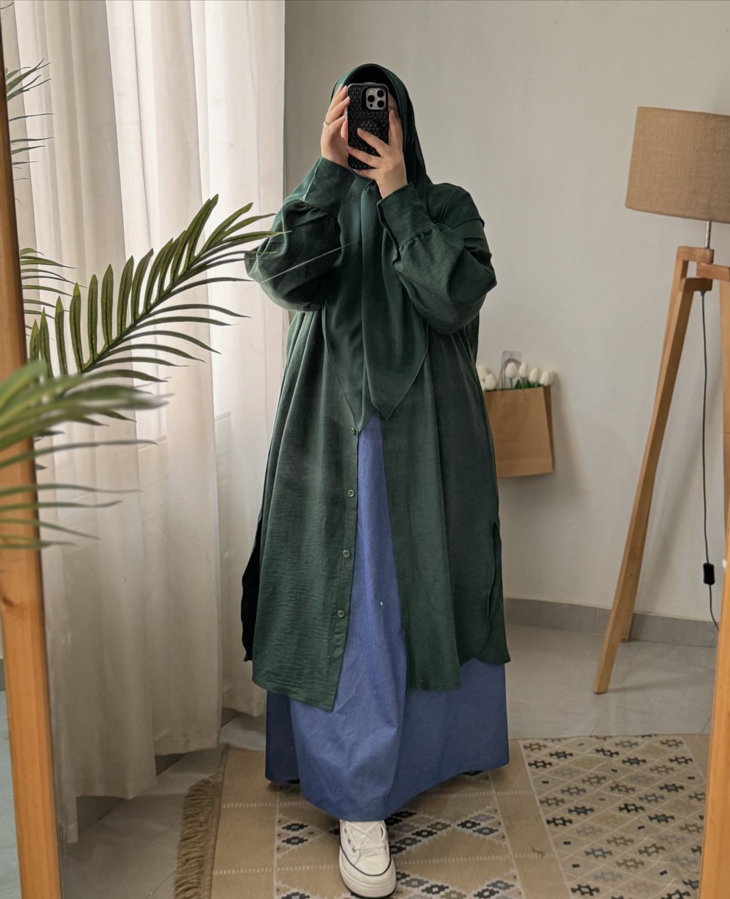 Linen Long Shirt with Denim skirt