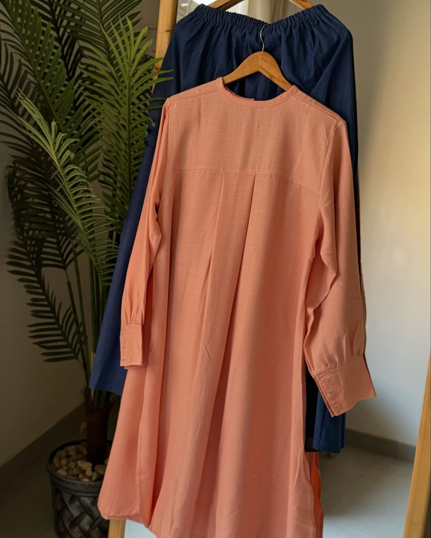 Linen Long Shirt with Denim skirt