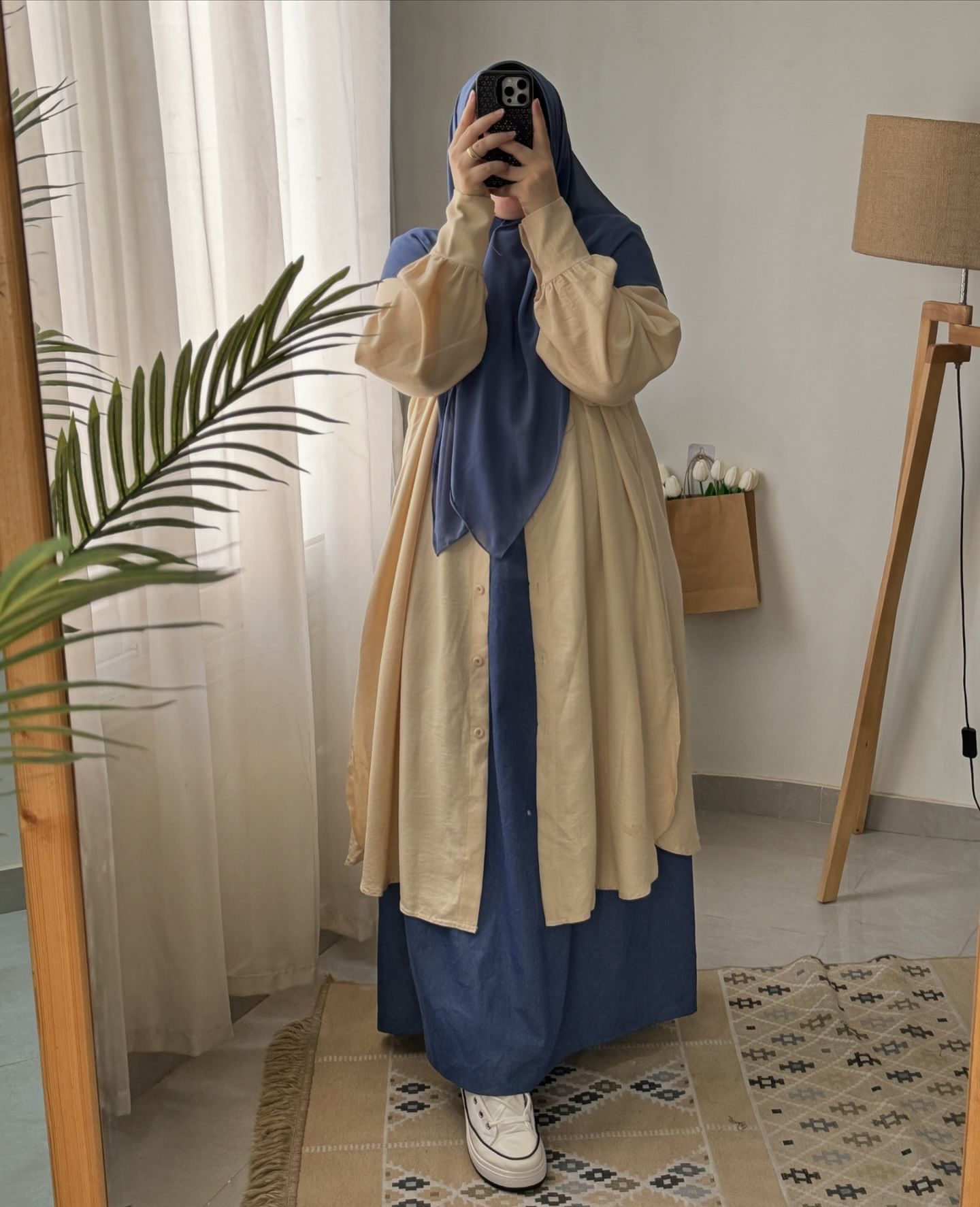 Linen Long Shirt with Denim skirt