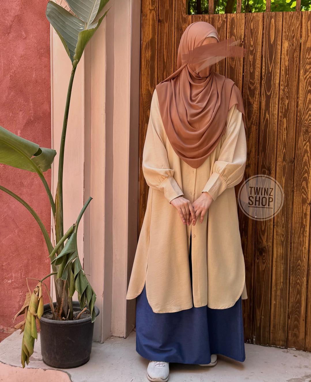 Linen Long Shirt with Denim skirt