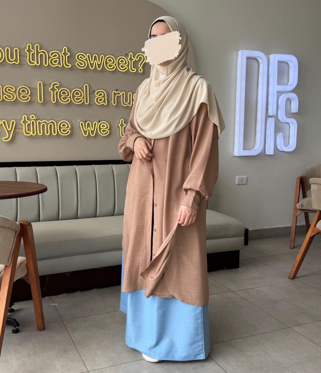 Linen Long Shirt with Denim skirt