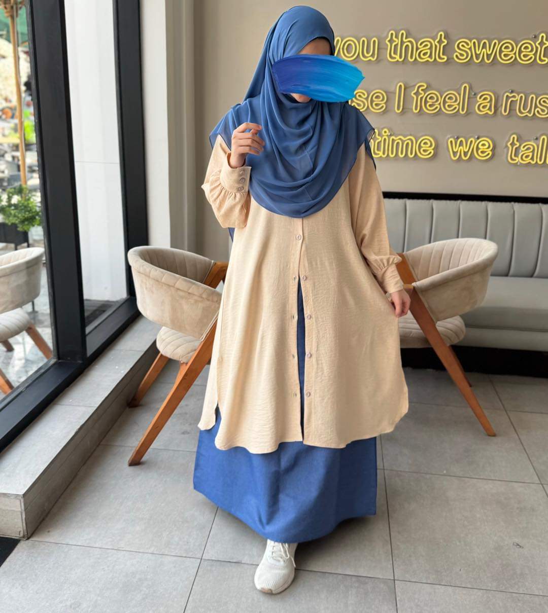 Linen Long Shirt with Denim skirt