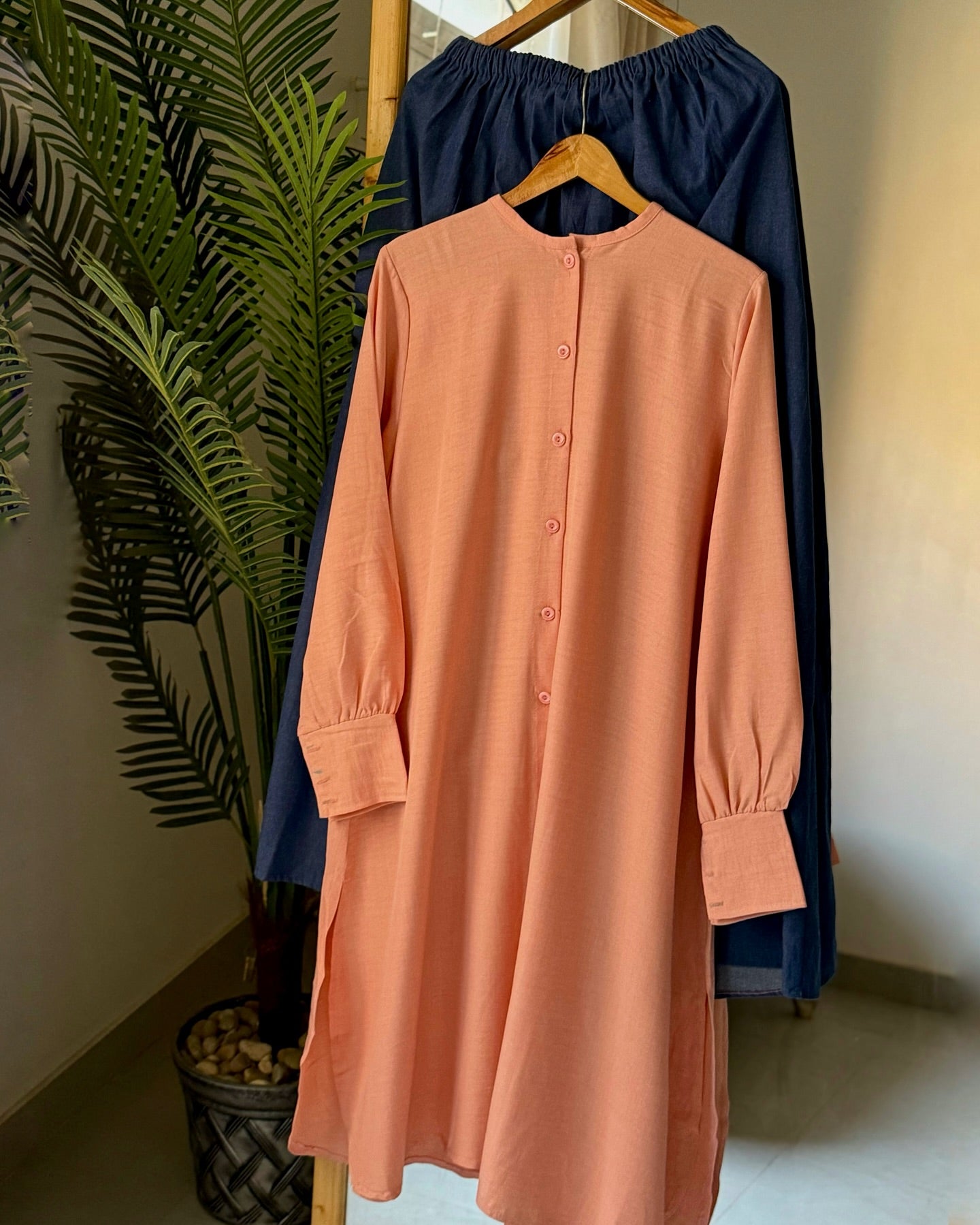 Linen Long Shirt with Denim skirt